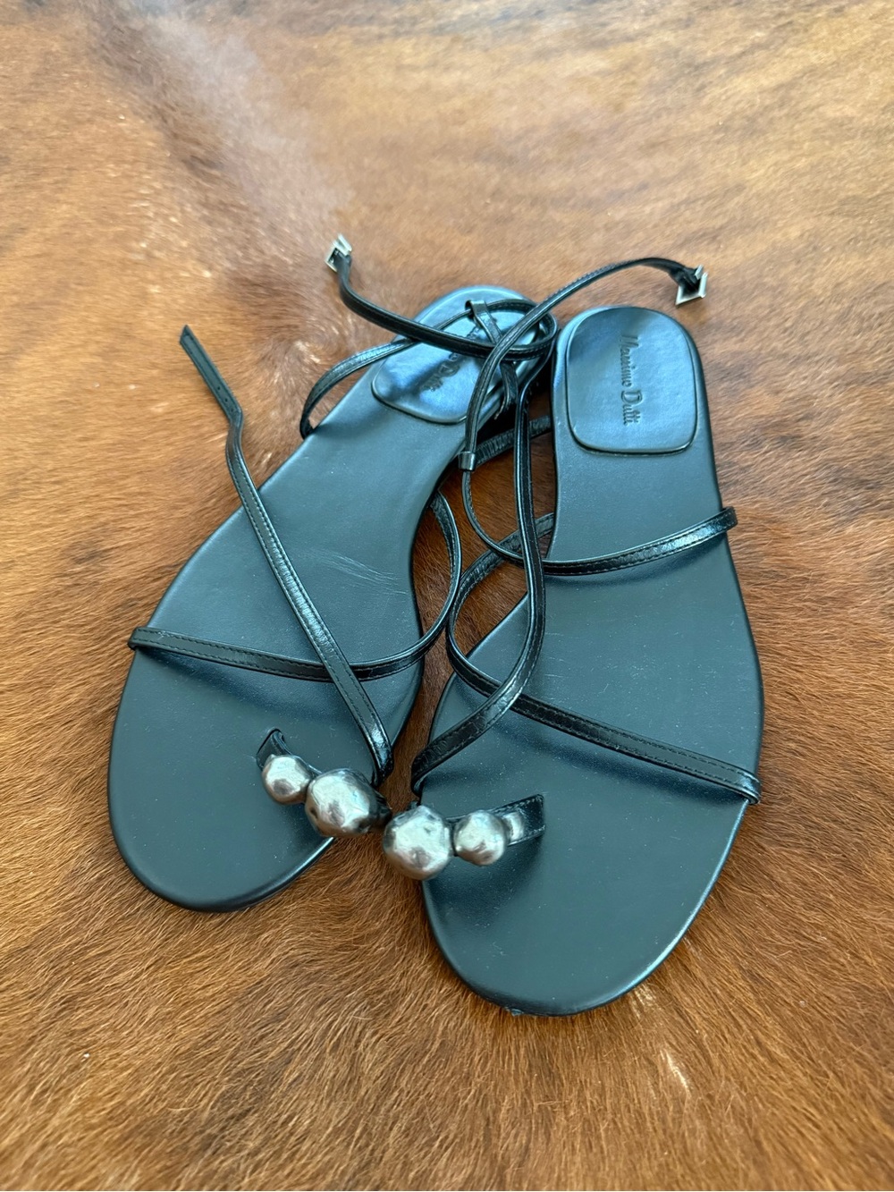 Massimo Dutti Black Lace-Up Sandals with Silver Bead Detail